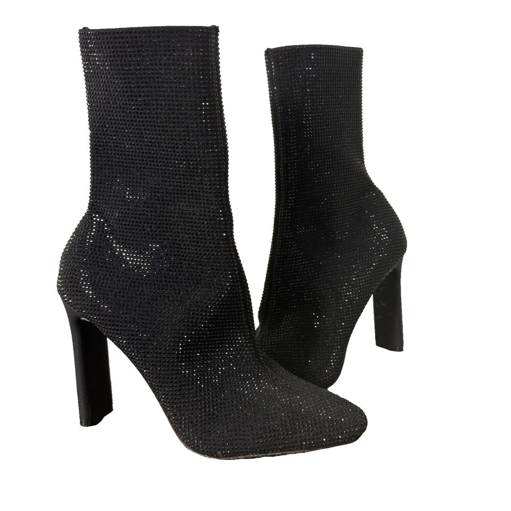 ALDO Rhinestone Sock Boots Women 9 Black Sparkly Block Heel Party Booties